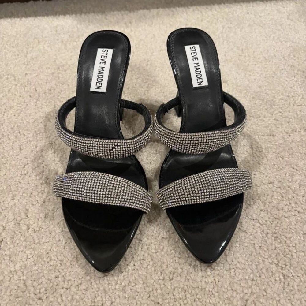 NWOB Steve Madden Harper Slide Heel Sandal Glass Beads Black Silver Women Sz 7